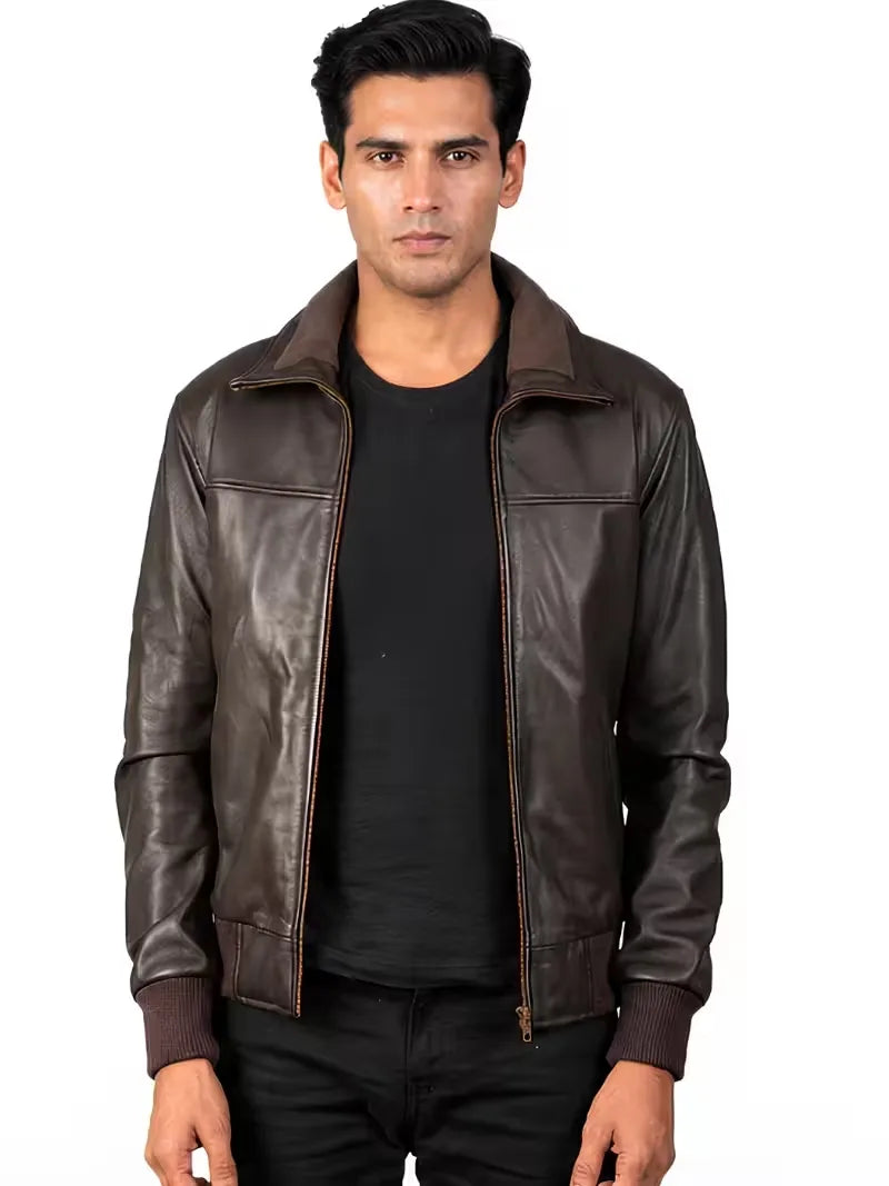 Men's black sheepskin leather bomber jacket, zip and closure detail