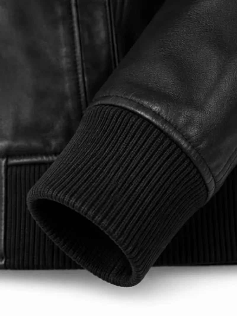 Men's black sheepskin leather bomber jacket, cuff detail