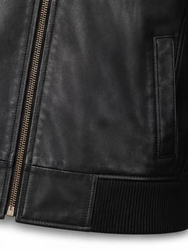 Men's black sheepskin leather bomber jacket, zip and closure detail