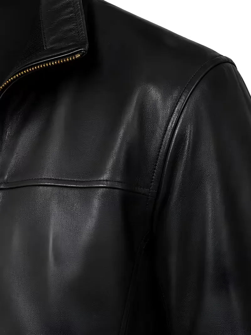 Men's black sheepskin leather bomber jacket, collar detail