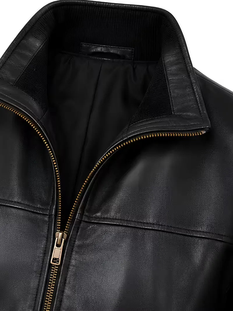 Men's black sheepskin leather bomber jacket, side view
