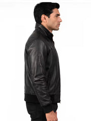 Men's black sheepskin leather bomber jacket, side view