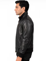 Men's black sheepskin leather bomber jacket, collar detail