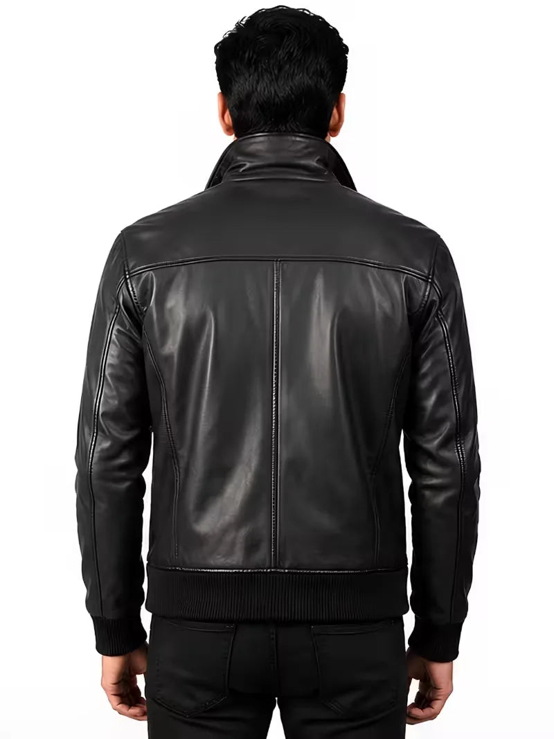Men's black sheepskin leather bomber jacket, back view