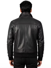 Men's black sheepskin leather bomber jacket, back view
