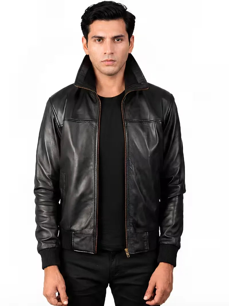Men's black sheepskin leather bomber jacket, front view