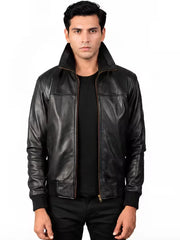 Men's black sheepskin leather bomber jacket, front view
