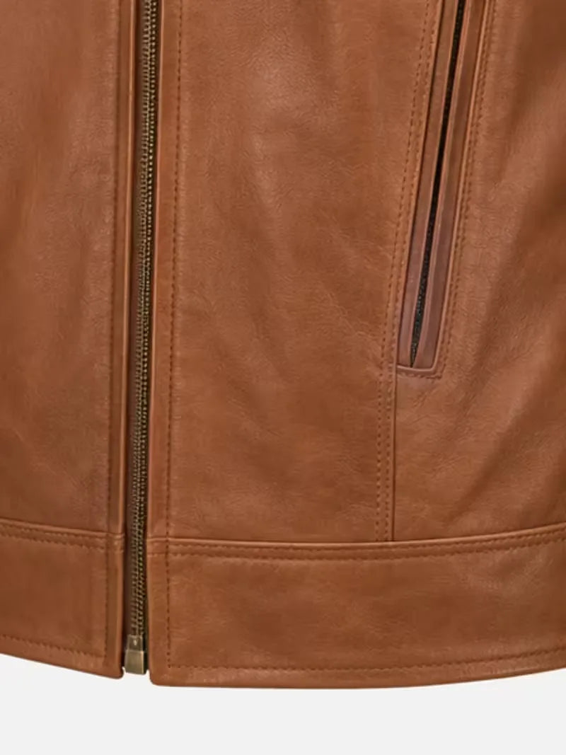 Men's brown sheepskin leather jacket, pocket detail
