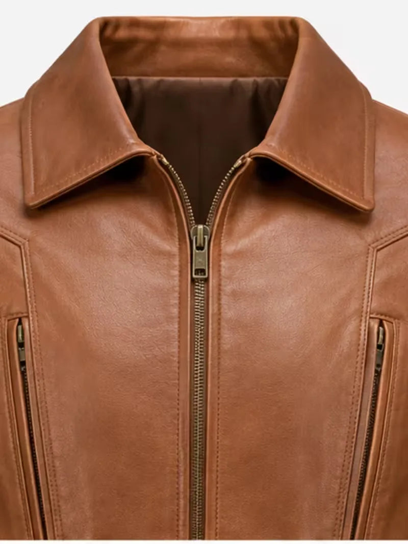 Men's brown sheepskin leather jacket, zip and closure detail