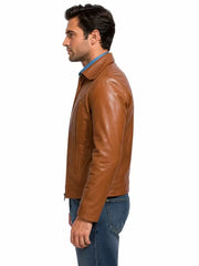 Men's brown sheepskin leather jacket, collar detail