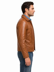 Men's brown sheepskin leather jacket, side view