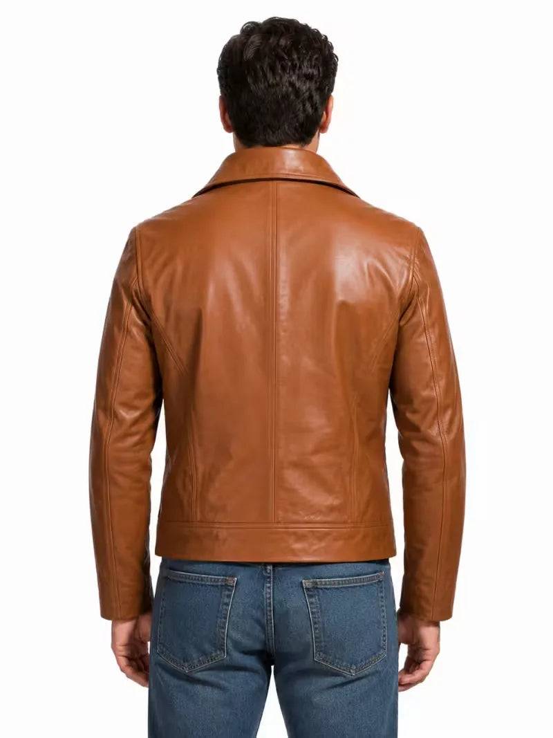 Men's brown sheepskin leather jacket, back view
