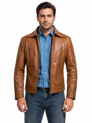 Men's brown sheepskin leather jacket, front view