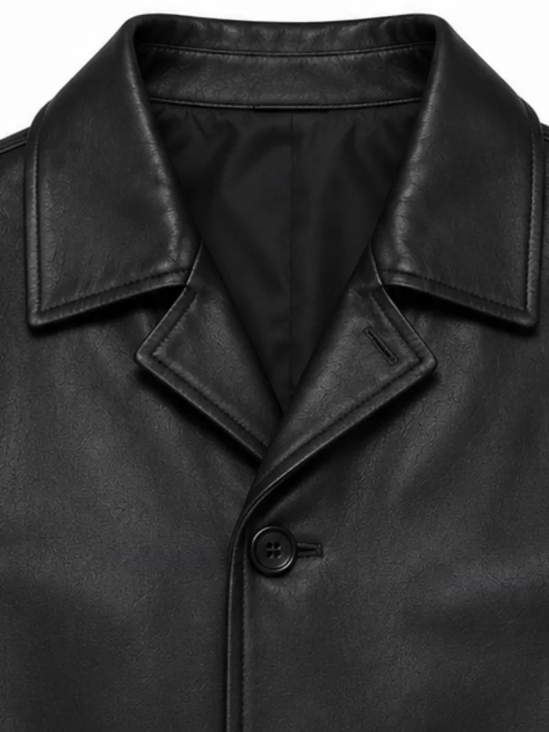 Men's black sheepskin leather coat, zip and closure detail