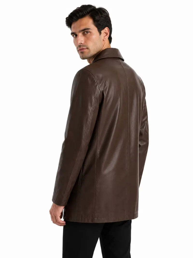 Men's black sheepskin leather coat, collar detail