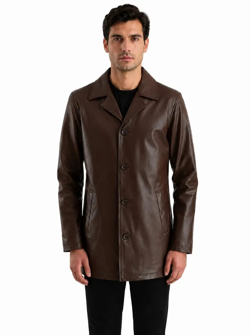 Men's black sheepskin leather coat, side view