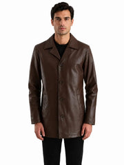 Men's black sheepskin leather coat, side view