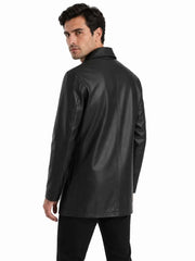 Men's black sheepskin leather coat, back view