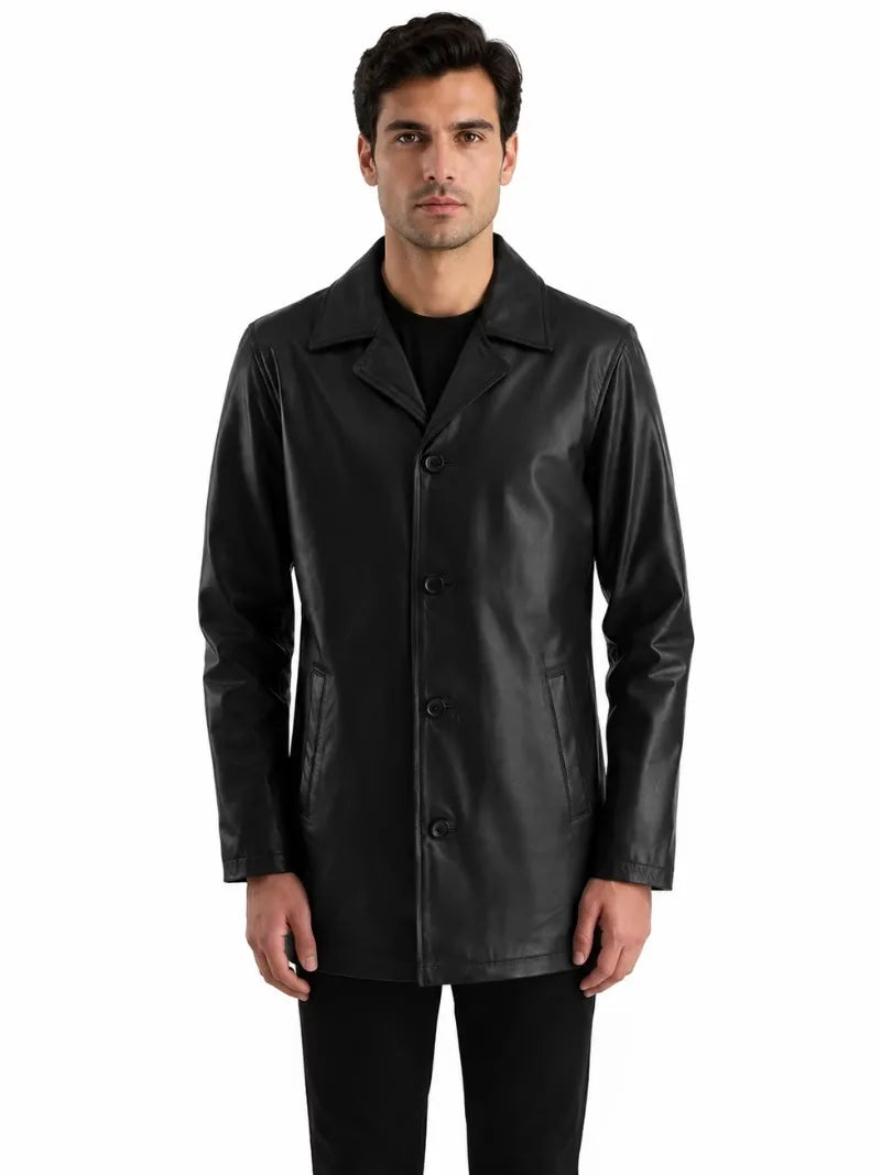 Men's black sheepskin leather coat, front view
