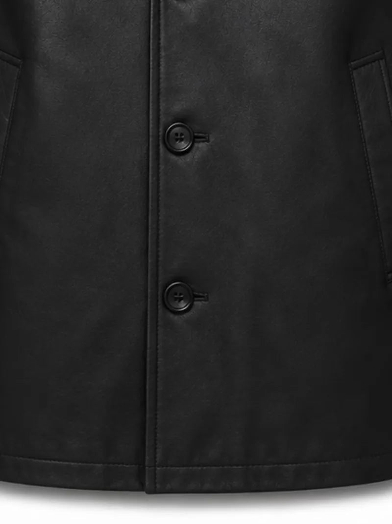 Men's black sheepskin leather coat, pocket detail
