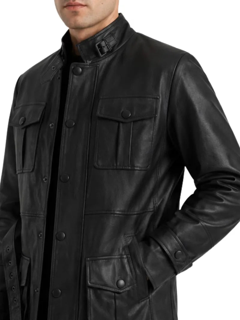 Men's black sheepskin leather jacket, cuff detail