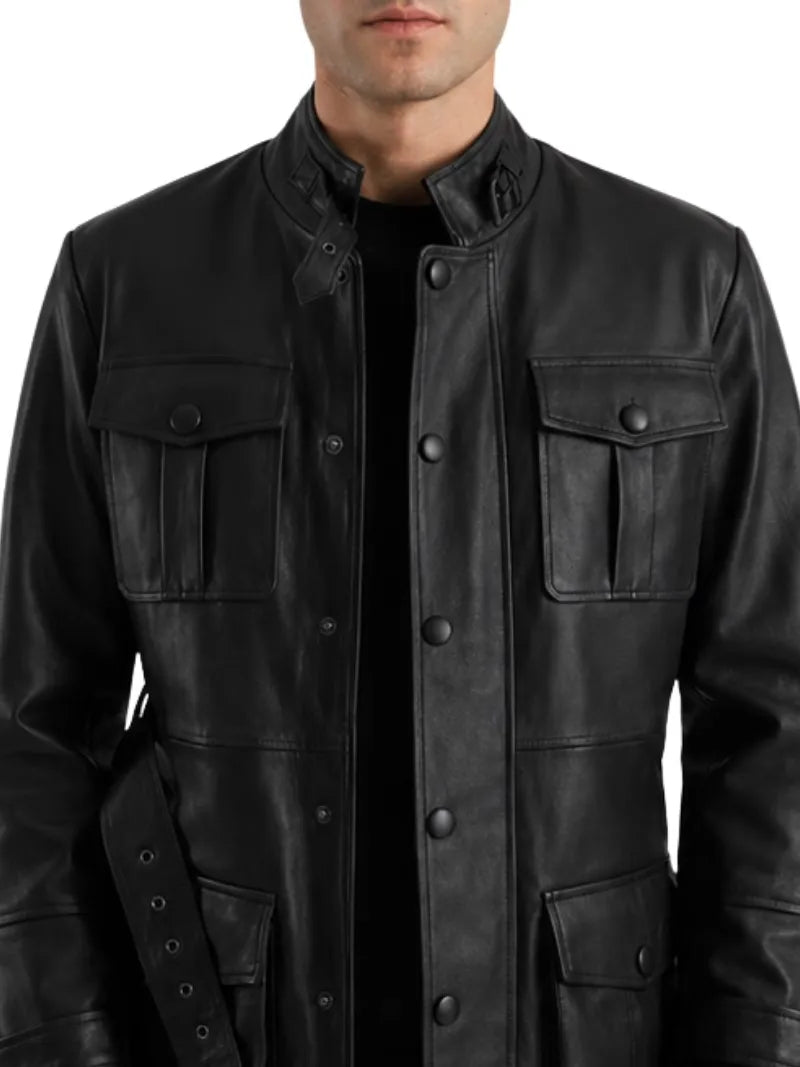Men's black sheepskin leather jacket, zip and closure detail