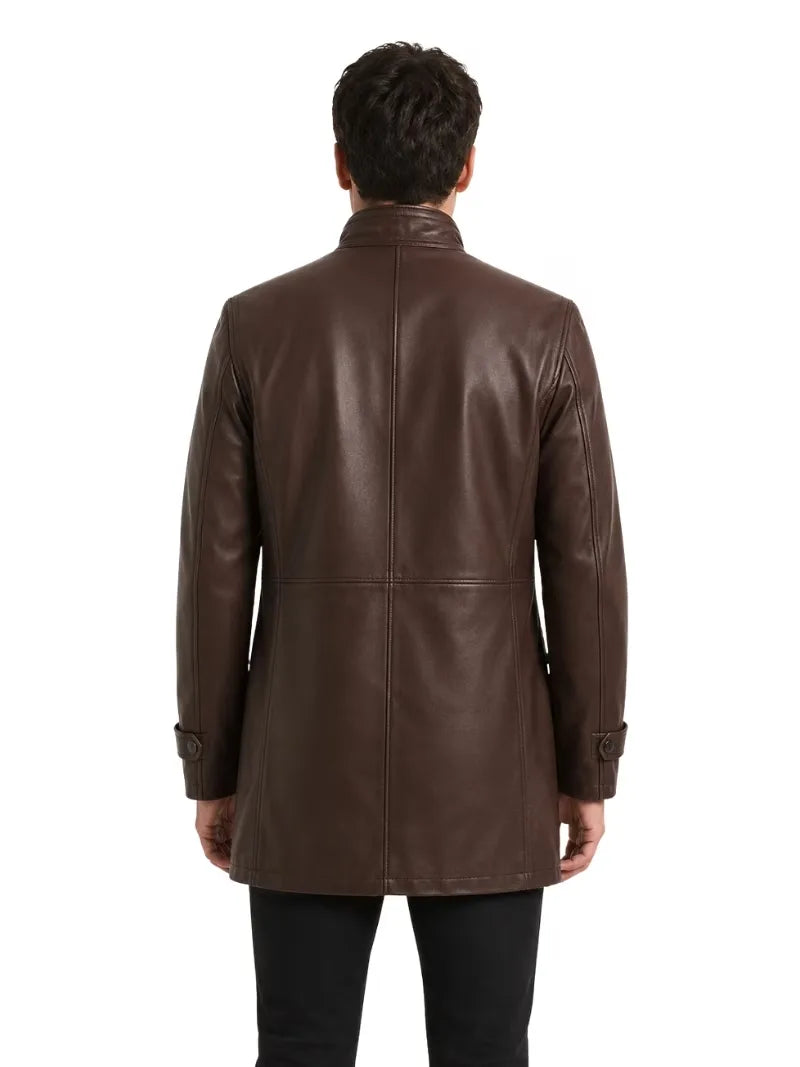 Men's black sheepskin leather jacket, collar detail