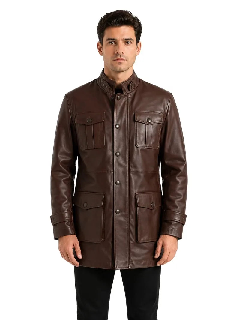 Men's black sheepskin leather jacket, side view