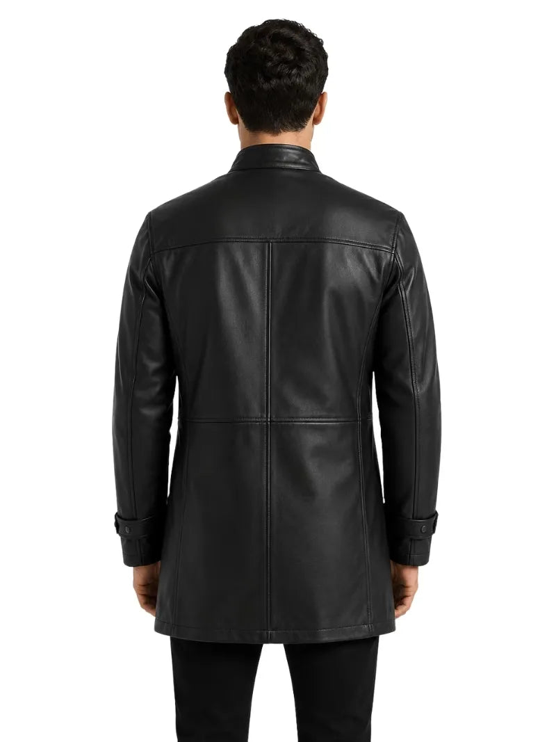 Men's black sheepskin leather jacket, back view