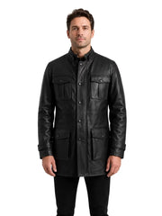 Men's black sheepskin leather jacket, front view