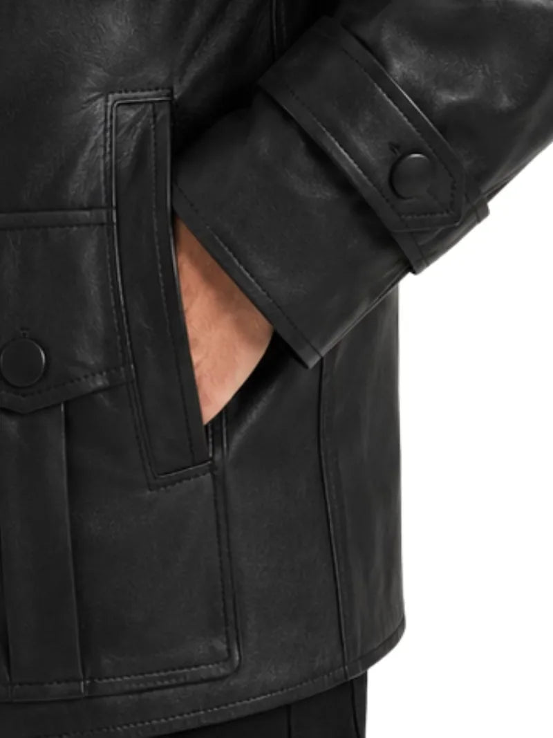 Men's black sheepskin leather jacket, lining detail