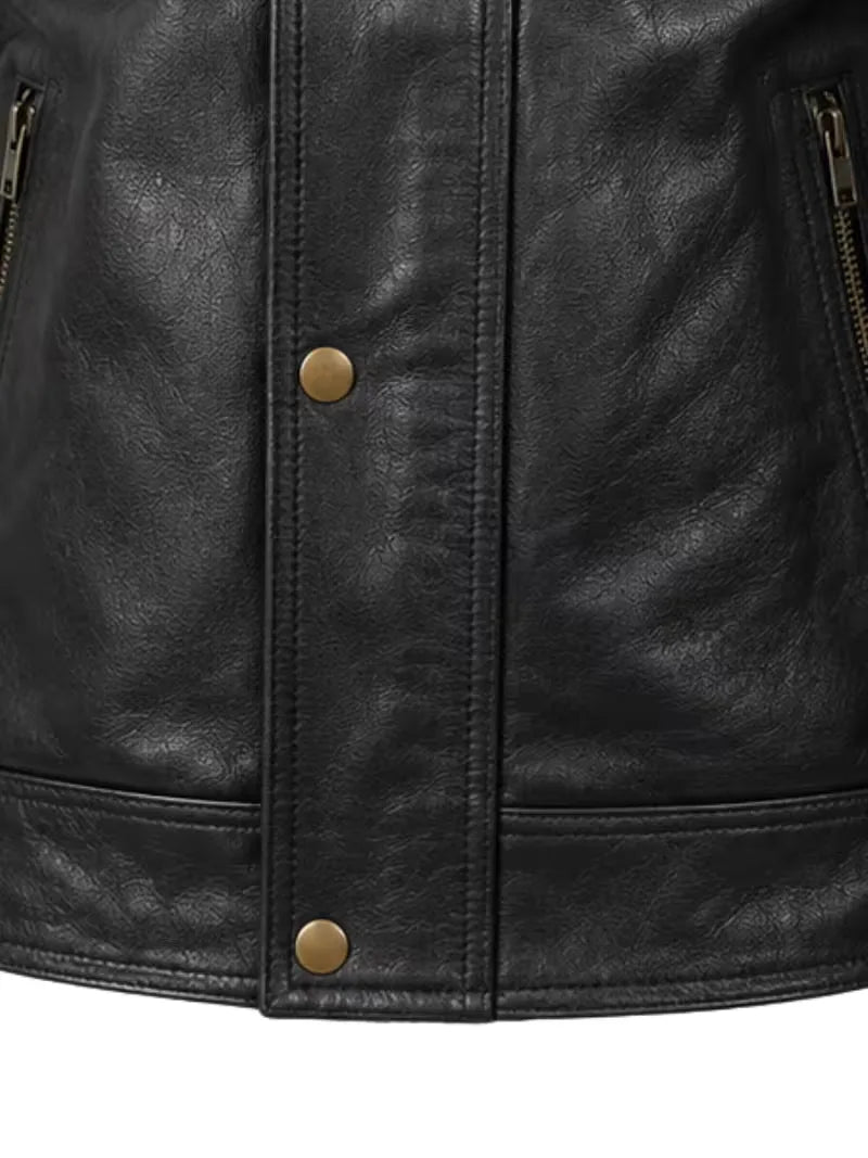 Men's black sheepskin leather jacket, pocket detail