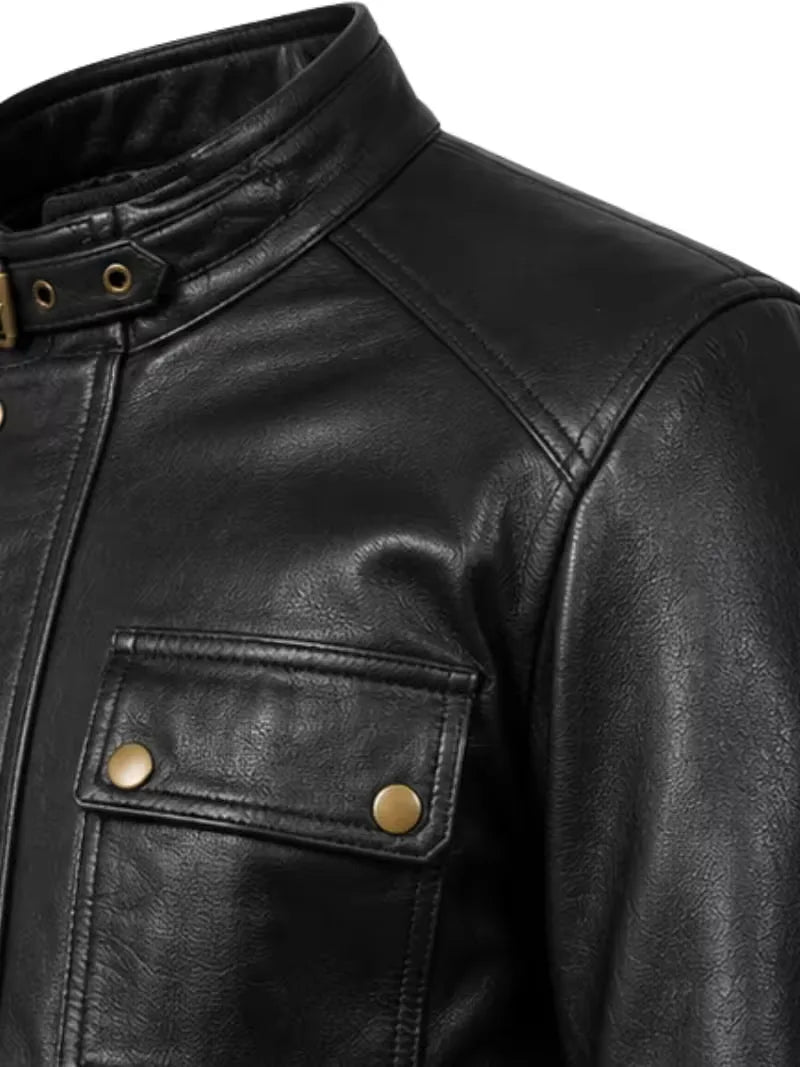 Men's black sheepskin leather jacket, cuff detail
