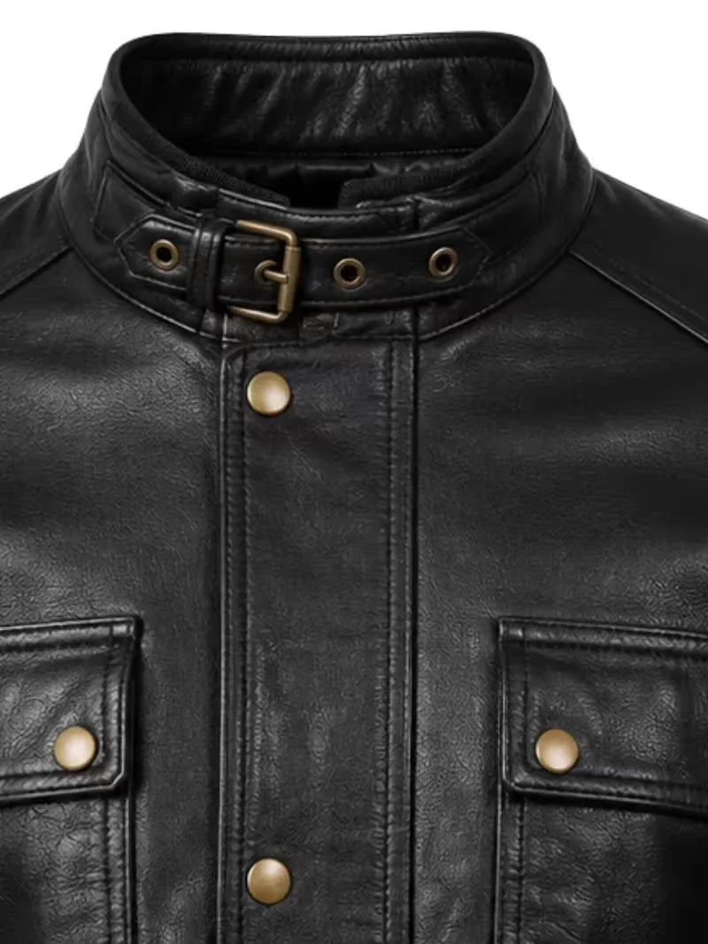 Men's black sheepskin leather jacket, zip and closure detail