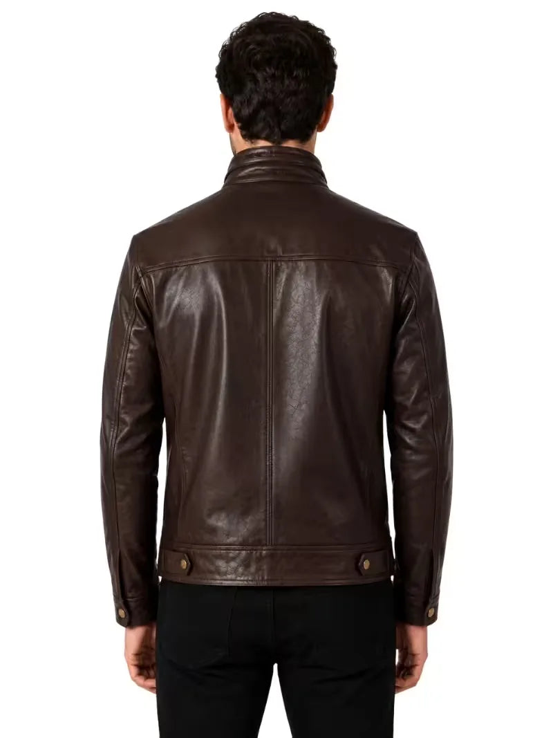 Men's black sheepskin leather jacket, collar detail