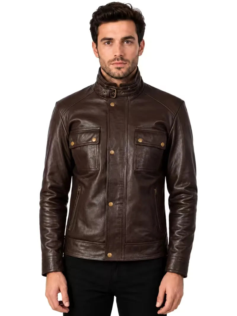 Men's black sheepskin leather jacket, side view