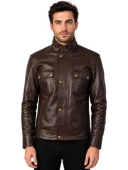 Men's black sheepskin leather jacket, side view