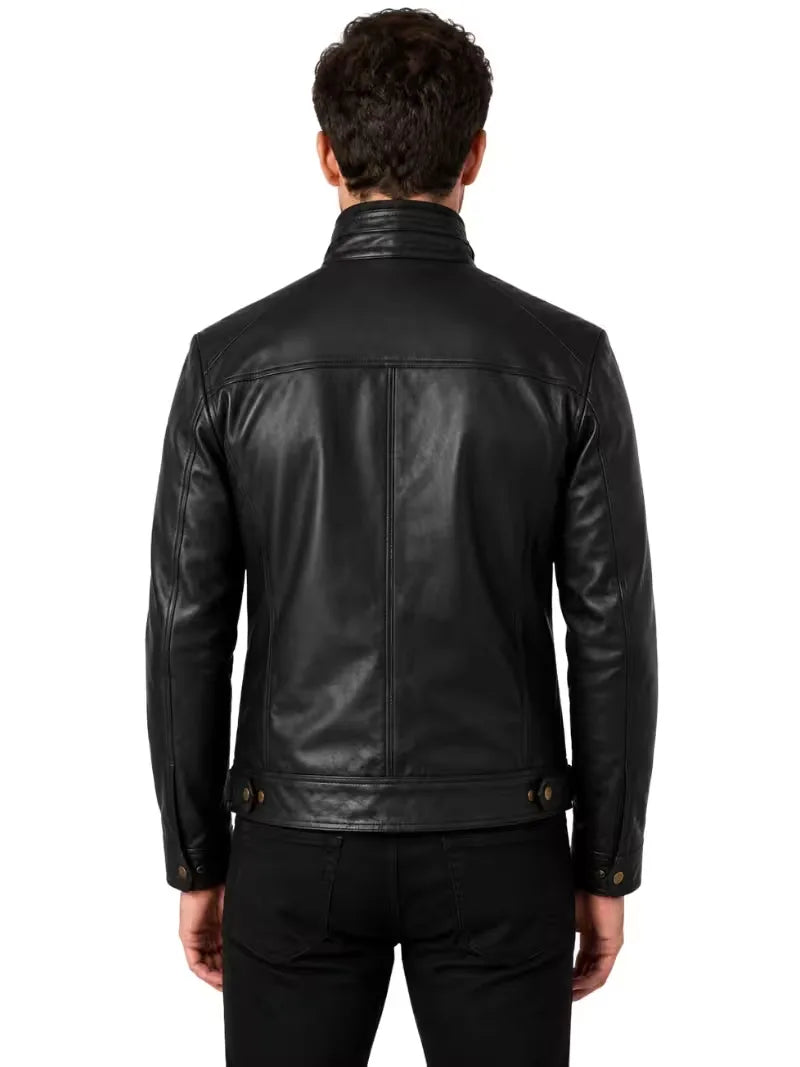 Men's black sheepskin leather jacket, back view