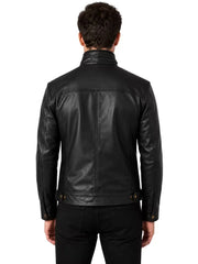 Men's black sheepskin leather jacket, back view