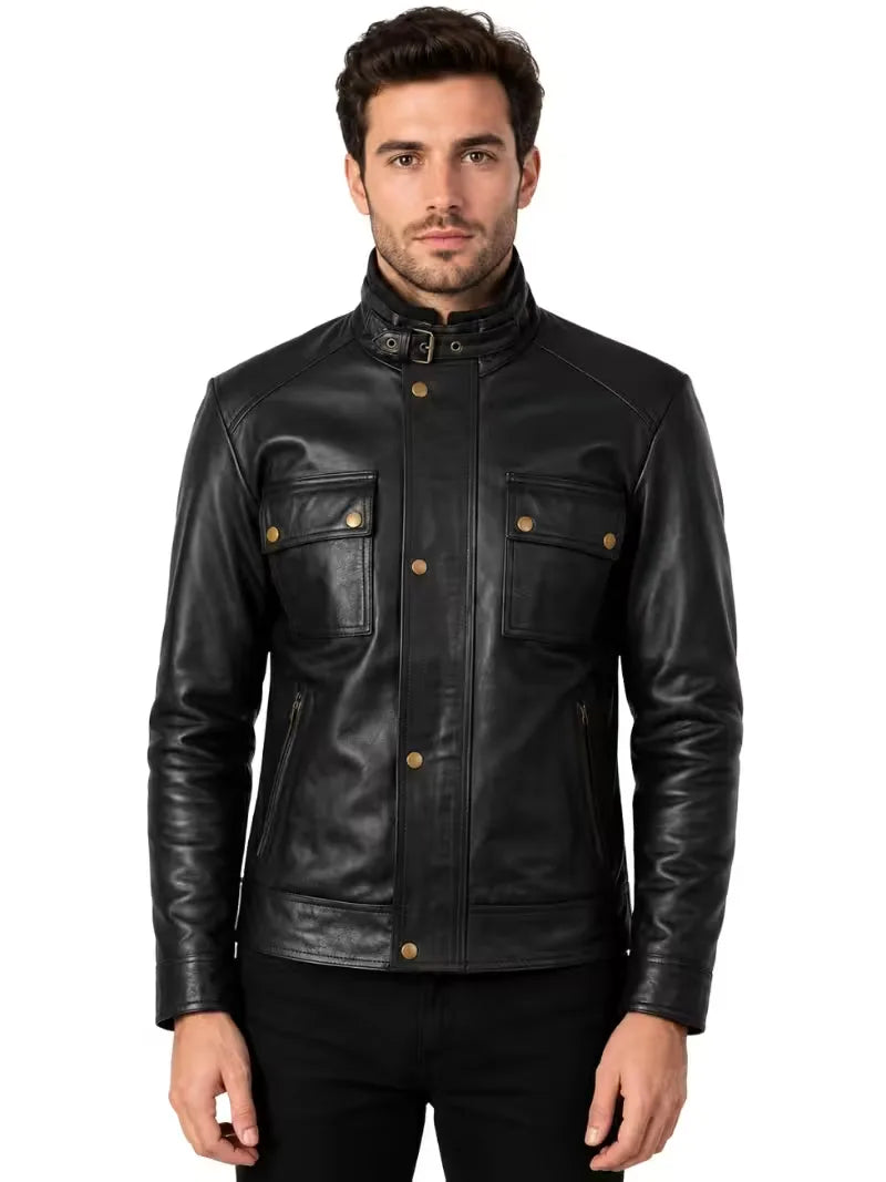Men's black sheepskin leather jacket, front view