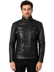 Men's black sheepskin leather jacket, front view