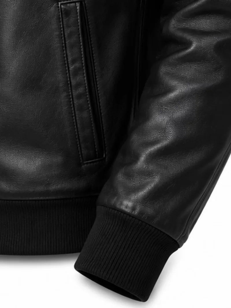 Men's black sheepskin leather jacket, lining detail