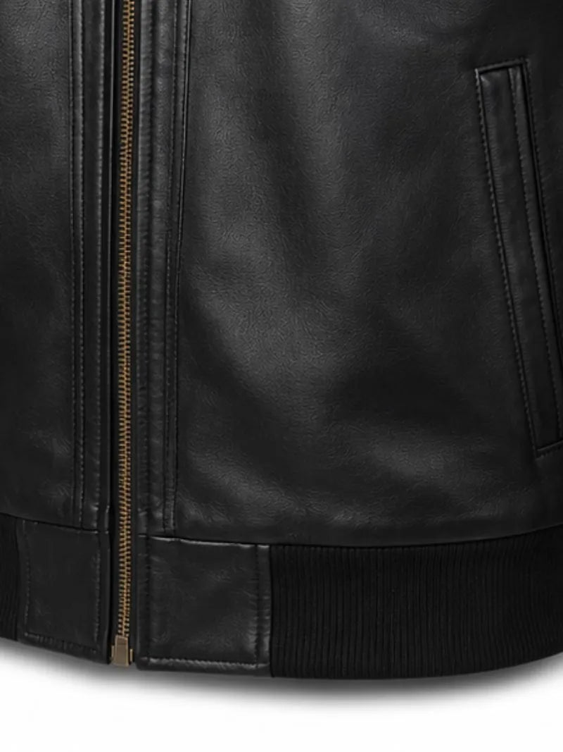 Men's black sheepskin leather jacket, pocket detail