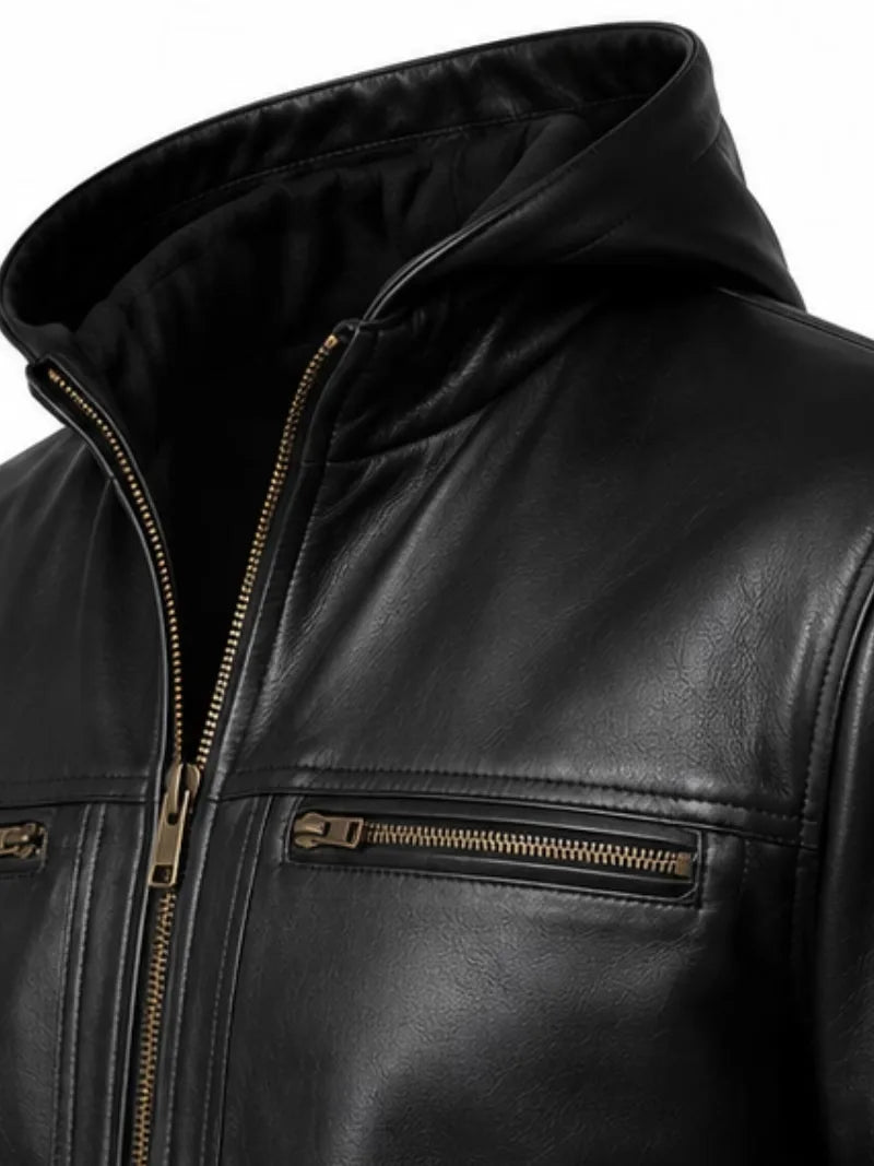 Men's black sheepskin leather jacket, zip and closure detail