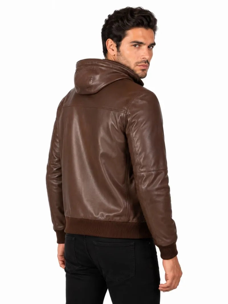Men's black sheepskin leather jacket, collar detail