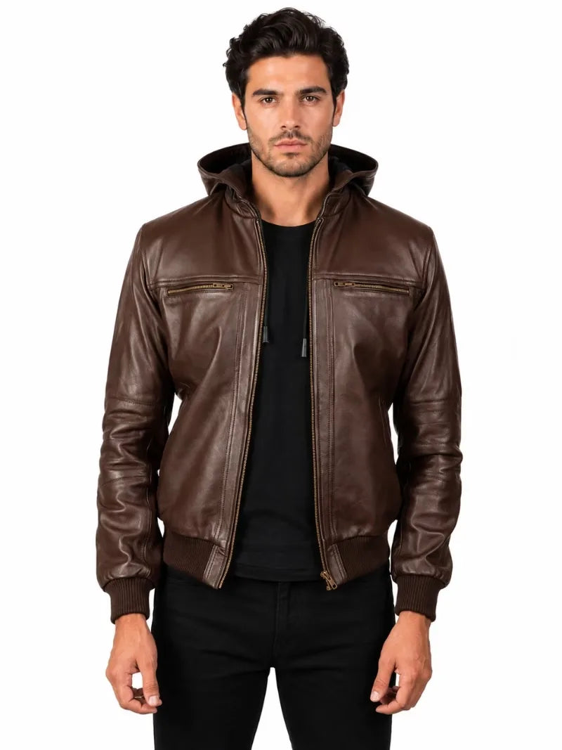 Men's black sheepskin leather jacket, side view