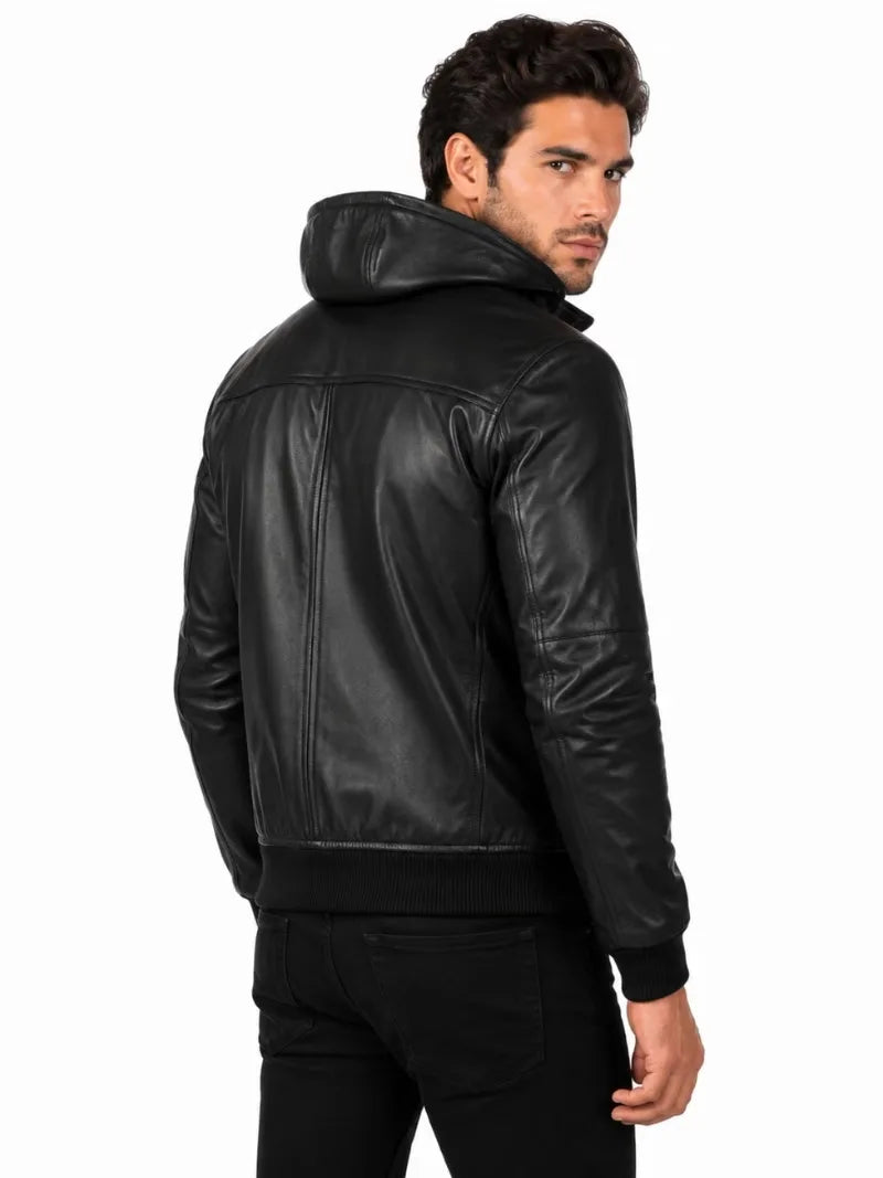 Men's black sheepskin leather jacket, back view