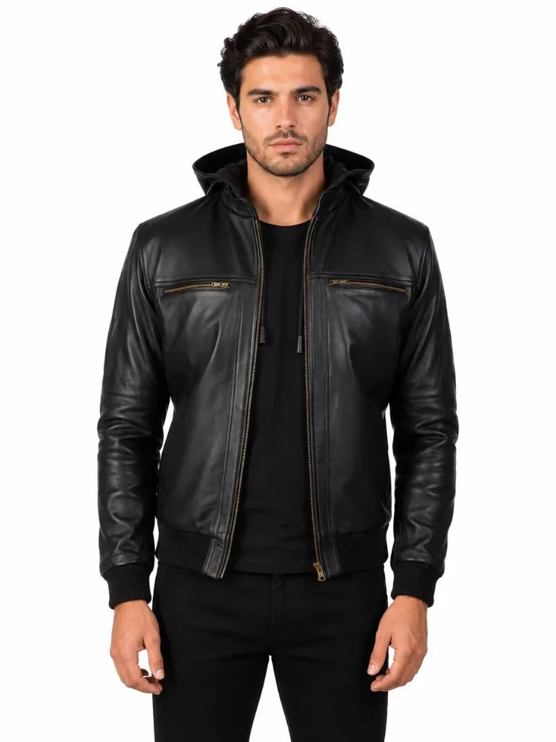 Men's black sheepskin leather jacket, front view