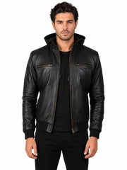 Men's black sheepskin leather jacket, front view