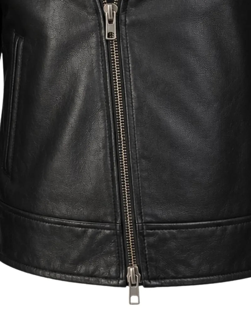 Men's black sheepskin leather jacket, pocket detail